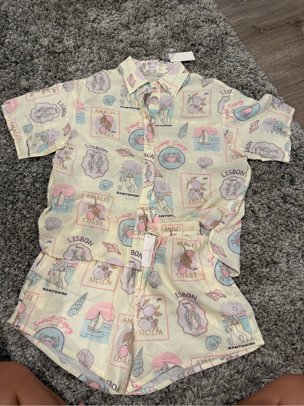 Pastel Coastal Print Button-Up Shorts Set